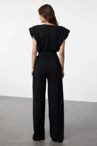 TRENDYOLMİLLA Black V-neck Belted Knitting Jumpsuit - Image 7