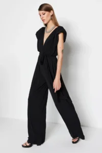 TRENDYOLMİLLA Black V-neck Belted Knitting Jumpsuit - Image 9