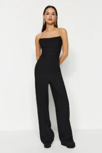 TRENDYOLMİLLA Black Corset Detailed Weaving Jumpsuit