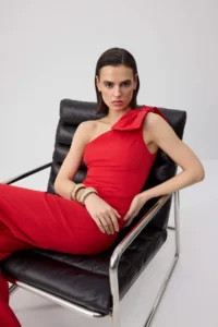 TRENDYOLMİLLA Red Plain Asymmetric Yaka Sleeveless with bow Weaving Finike Elegant/Evening Jumpsuit - Image 2