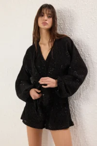 TRENDYOLMİLLA Black shiny Sequin Knitting Short Jumpsuit