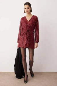 TRENDYOLMİLLA Burgundy Plain Double breasted LONG Shimmery Knitting Sequin Elegant/Evening Jumpsuit
