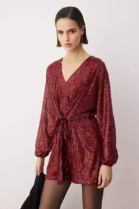 TRENDYOLMİLLA Burgundy Plain Double breasted LONG Shimmery Knitting Sequin Elegant/Evening Jumpsuit - Image 2