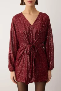 TRENDYOLMİLLA Burgundy Plain Double breasted LONG Shimmery Knitting Sequin Elegant/Evening Jumpsuit - Image 3