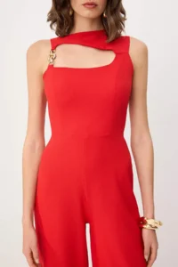 TRENDYOLMİLLA Red Gold Aksesuar Dekolte Asymmetric Yaka Sleeveless Weaving Crepe Elegant/Evening Jumpsuit - Image 3
