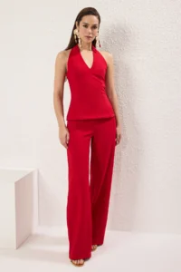 TRENDYOLMİLLA Red V-neck Weaving Chic Jumpsuit