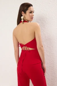 TRENDYOLMİLLA Red V-neck Weaving Chic Jumpsuit - Image 2