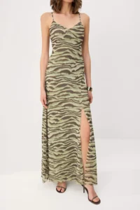 TRENDYOLMİLLA Green-Multicolored Printed Knitting Tulle Evening Gown & Graduation Dress - Image 3