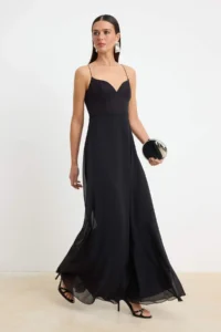 TRENDYOLMİLLA Black Plain Weaving Siphon Maxi Evening Gown & Graduation Dress