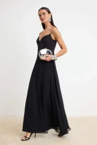 TRENDYOLMİLLA Black Plain Weaving Siphon Maxi Evening Gown & Graduation Dress - Image 2