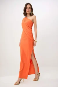 TRENDYOLMİLLA Orange Cut Out Detailed Asymmetric Yaka Knitting Sandy Maxi Evening Gown & Graduation Dress