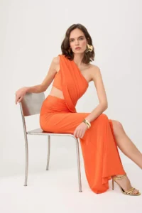 TRENDYOLMİLLA Orange Cut Out Detailed Asymmetric Yaka Knitting Sandy Maxi Evening Gown & Graduation Dress - Image 2