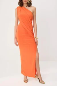 TRENDYOLMİLLA Orange Cut Out Detailed Asymmetric Yaka Knitting Sandy Maxi Evening Gown & Graduation Dress - Image 3