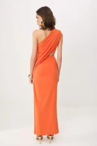 TRENDYOLMİLLA Orange Cut Out Detailed Asymmetric Yaka Knitting Sandy Maxi Evening Gown & Graduation Dress - Image 4
