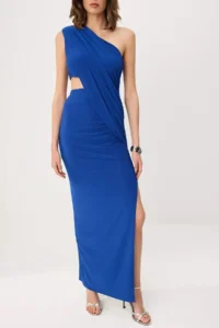 TRENDYOLMİLLA Saks Blue Cut Out Detailed Asymmetric Yaka Maxi Evening Gown & Mezuniyet Dress - Image 3