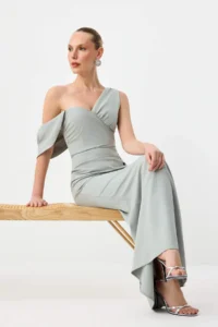 TRENDYOLMİLLA MINT Plain Weaving Finike Maxi Evening Gown & Graduation Dress - Image 2