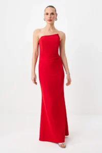 TRENDYOLMİLLA Red Plain Weaving Finike Maxi Evening Gown & Graduation Dress