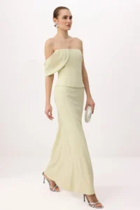 TRENDYOLMİLLA Water Green Plain Strapless Weaving Finike Maxi Evening Gown & Graduation Dress