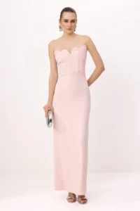 TRENDYOLMİLLA Powder Pink Plain Strapless Weaving Finike Maxi Evening Gown & Graduation Dress