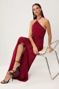 TRENDYOLMİLLA Burgundy pleated Maxi Evening Gown & Graduation Dress