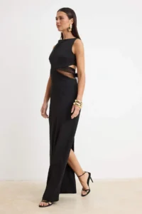 TRENDYOLMİLLA Black Plain Weaving Finike Maxi Evening Gown & Graduation Dress