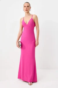 TRENDYOLMİLLA Pink Plain Weaving Finike Maxi Evening Gown & Graduation Dress - Image 2