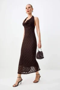 TRENDYOLMİLLA Brown Off-Shoulder Neck Lace Lined Evening Gown Dress