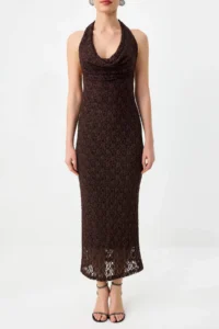 TRENDYOLMİLLA Brown Off-Shoulder Neck Lace Lined Evening Gown Dress - Image 3