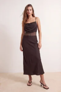 TRENDYOLMİLLA Brown Tulle Detailed Knitting Sandy Maxi Evening Gown & Graduation Dress