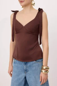 TRENDYOLMİLLA Brown Plain Heart Yaka Sleeveless Weaving Satin Party Blouse - Image 3