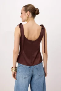 TRENDYOLMİLLA Brown Plain Heart Yaka Sleeveless Weaving Satin Party Blouse - Image 4