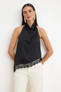 TRENDYOLMİLLA Black Plain Off-Shoulder Neck Sleeveless Weaving Satin Blouse - Image 2