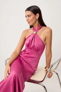TRENDYOLMİLLA Fuchsia Plain Accessory Detailed Weaving Satin Maxi Unlined Graduation/promotion Dress - Image 2