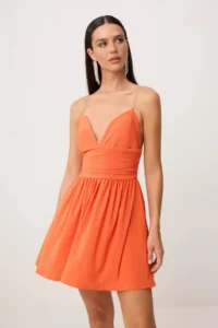 TRENDYOLMİLLA Orange Plain Weaving Sandy Short / Mini Lined Dress - Image 3
