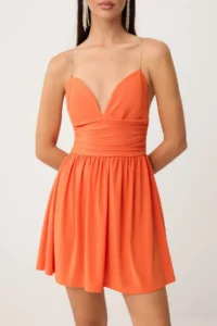 TRENDYOLMİLLA Orange Plain Weaving Sandy Short / Mini Lined Dress - Image 4