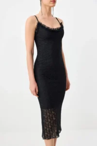 TRENDYOLMİLLA Black Plain Weaving Lace Midi Lined Dress - Image 3