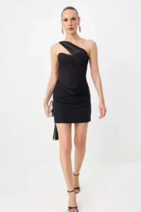 TRENDYOLMİLLA Black Tulle Detailed Weaving Mini Chic Dress