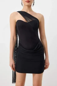 TRENDYOLMİLLA Black Tulle Detailed Weaving Mini Chic Dress - Image 3