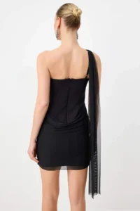TRENDYOLMİLLA Black Tulle Detailed Weaving Mini Chic Dress - Image 5