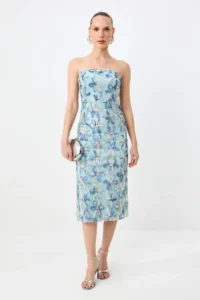 TRENDYOLMİLLA Mavi Floral Weaving Sequin Maxi Unlined Dress