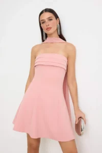 TRENDYOLMİLLA promotion Powder Pink Plain Weaving Finike Short / Mini Unlined Dress - Image 3