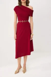 TRENDYOLMİLLA Burgundy Off Shoulder Gathering Sleeve Midi Size Chain Arched Party Dress - Image 3