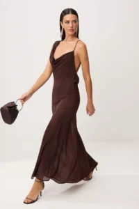 TRENDYOLMİLLA Brown Knitting Tulle Midi Lined Dress with Bodysuit - Image 2