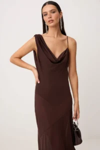 TRENDYOLMİLLA Brown Knitting Tulle Midi Lined Dress with Bodysuit - Image 3