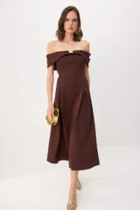 TRENDYOLMİLLA Brown Gold Detailed Carmen Collar Weaving Finike Midi Lined Party Dress
