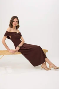 TRENDYOLMİLLA Brown Gold Detailed Carmen Collar Weaving Finike Midi Lined Party Dress - Image 2