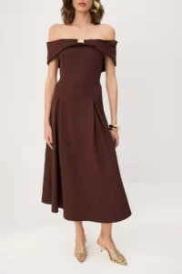 TRENDYOLMİLLA Brown Gold Detailed Carmen Collar Weaving Finike Midi Lined Party Dress - Image 3