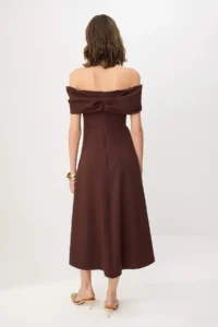 TRENDYOLMİLLA Brown Gold Detailed Carmen Collar Weaving Finike Midi Lined Party Dress - Image 4