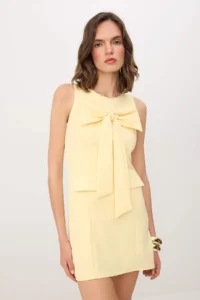 TRENDYOLMİLLA Yellow Ribbon Fiyonk Detailed Sleeveless Finike Short / Mini Lined Party Dress - Image 2