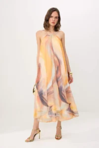 TRENDYOLMİLLA Multicolored Abstract Patterned Lined Tulle Maxi Dress
